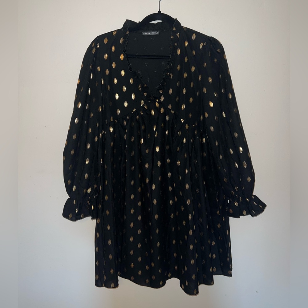 Black and Gold Polka Dot Long Sleeve Mini Dress NWOT